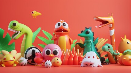 Obraz premium A group of cartoon animals, including a dinosaur, a giraffe, a bird, and a fish.