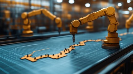 Robotic arm assembling parts on automated production line.