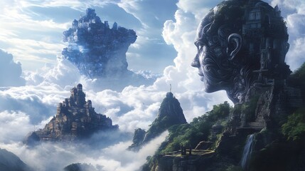 Enormous human-like statue overlooking mystical ancient architecture among clouds and floating islands, evoking concepts of fantasy, exploration, and imagination in surreal landscapes