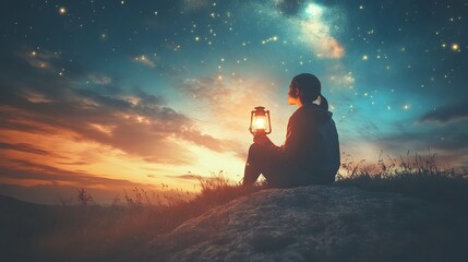 A Person Sitting Alone on a Rock Holding a Lantern Under a Starry Sky During Twilight, Surrounded by Celestial Beauty and Tranquility of Nature