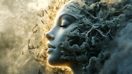 Ethereal Portrait of a Woman Surrounded by Whimsical Clouds and Dreamy Haze, Evoking a Sense of Tranquility and Imagination in a Surreal Environment