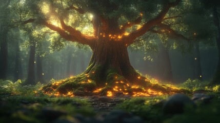 Magical glowing tree in mystical forest.