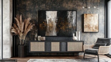 Modern dark living room interior with artwork, furniture, and pampas grass.
