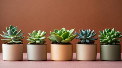 Five Succulents in Stylish Modern Pots Arranged in a Row