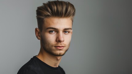 Fototapeta premium A young man with a serious expression looks directly at the camera.
