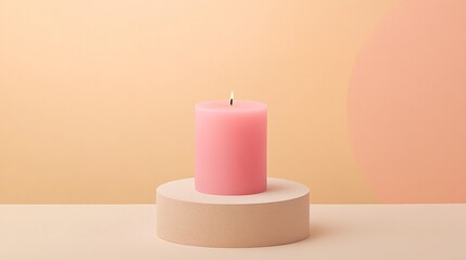 Pastel Pink Candle on Beige Platform Against Soft Gradient Background, Simple and Calm
