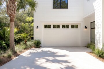 White garage door of modern suburban house with landscaping