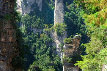 Awesome view of natural quartz sandstone pillars of the Tianzi Mountains (Avatar Mountains) in the Zhangjiajie National Forest Park ( Wulingyuan), Hunan Province, China. 