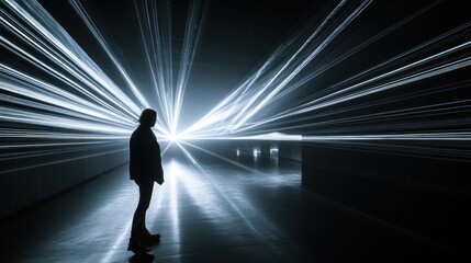 A silhouette stands amidst striking light beams in a dark space, creating a dramatic effect.