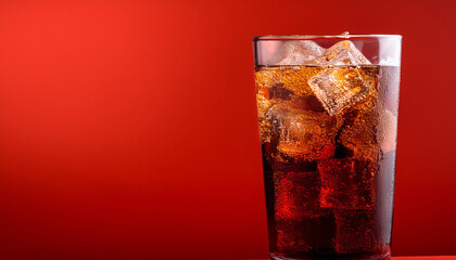A refreshing glass of soda with ice, set against a vibrant red background, perfect for text overlay.