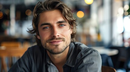Obraz premium A young man with long brown hair and blue eyes smiles at the camera.