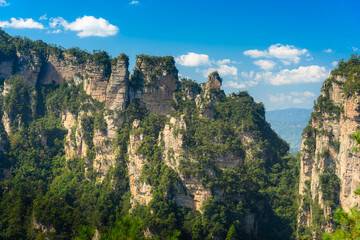 Awesome view of natural quartz sandstone pillars of the Tianzi Mountains (Avatar Mountains) in the Zhangjiajie National Forest Park ( Wulingyuan), Hunan Province, China. 