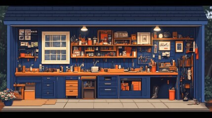 Organized, well-lit workshop with various tools and equipment.