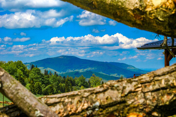 Panorama of mountains, mountain shelter in the Silesian Beskids, Telesforówka, wreck of an old...