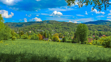 Panorama of mountains, mountain shelter in the Silesian Beskids, Telesforówka, wreck of an old...