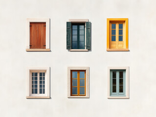 Obraz premium A Collection of Distinctive Windows Showcased Against a White Background, Highlighting Their Unique Designs in a Minimalist Setting