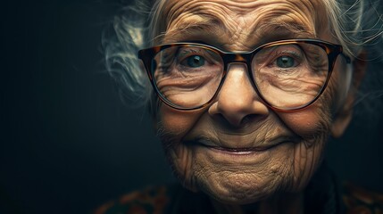 A close-up portrait of an elderly woman smiling.