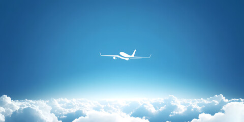 White plane in the blue sky rises flying above the clouds. Vector background template