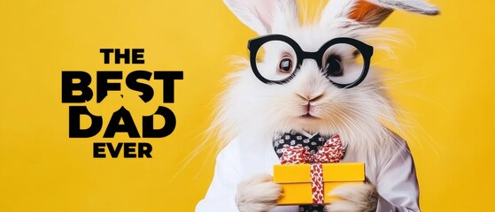 Adorable Rabbit Dad Holding Gift: Best Fathers Day Card Stock Photo