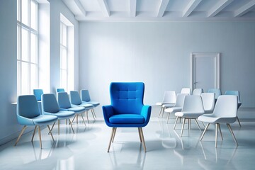 Fototapeta premium Minimalist Blue Armchair Installation Art: White Chairs, Empty Space, 3D Render
