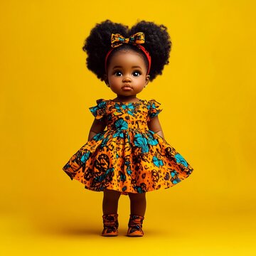 Little african american girl with afro hairstyle and yellow dress
