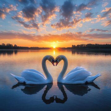 Beautiful couple of swans on the lake at sunset. Love shape
