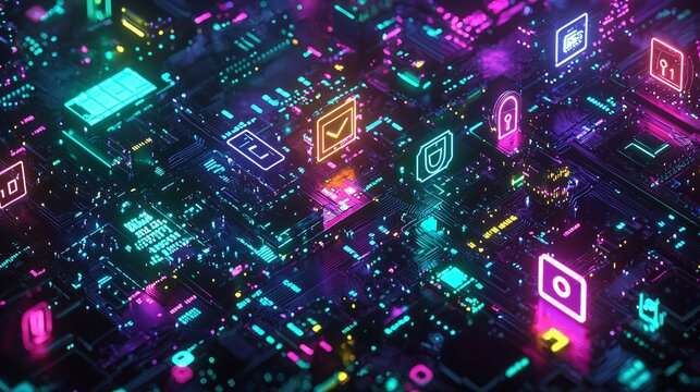 a futuristic computer circuit board with glowing neon icon application

