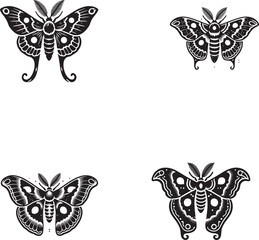 4 Set of Black Atlas Moth Silhouettes Isolated on White Background