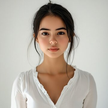 Portrait of a beautiful latina girl in a white dress on a white background
