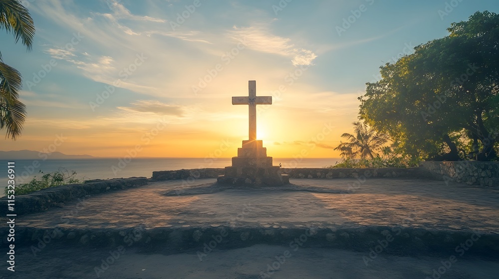 Poster front view of magellans cross in cebu, glowing softly under golden hour light, with a historical and