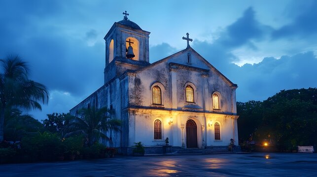 Front view of the historic Baclayon Church in Bohol, glowing softly under twilight with a nostalgic tone, in 4K resolution