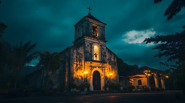 Front view of the historic Baclayon Church in Bohol, glowing softly under twilight with a nostalgic tone, in 4K resolution