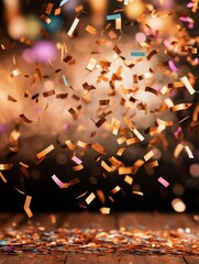 A close-up of multicolored confetti mid-air, with a sharp focus on shimmering golden pieces and a blurred festive background, creating a celebratory and joyful atmosphere