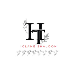 Minimalist HT Monogram with Botanical Illustration.Elegan Initial TH Logo with Floral Element. Wedding logos, hand drawn elegant, delicate and minimalist,black and white vintage logo for beauty shop.