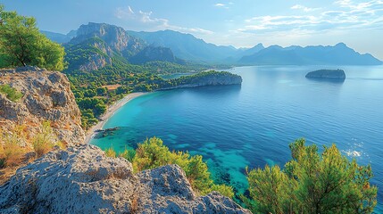 Breathtaking mountain viewpoint overlooking serene island beach coastal paradise scenic landscape daytime nature photography