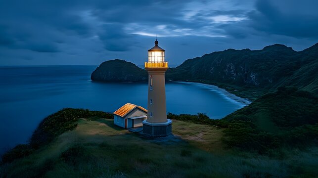 Front view of the Basco Lighthouse in Batanes, glowing softly under twilight, with dramatic coastal views in the background, in 4K resolution