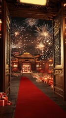 Festive Chinese New Year Gateway: Golden Door Opens to Vibrant Celebration. 3D illustration with red carpet, traditional architecture, gifts, and fireworks. Warm-toned AI-generated design for holiday 