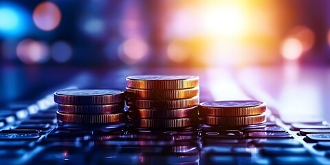 Stacks of coins on a keyboard with a blurred, colorful background, suggesting themes of finance and technology. Concept Stacks of Coins, Finance and Technology, Blurred Background, Economic Growth