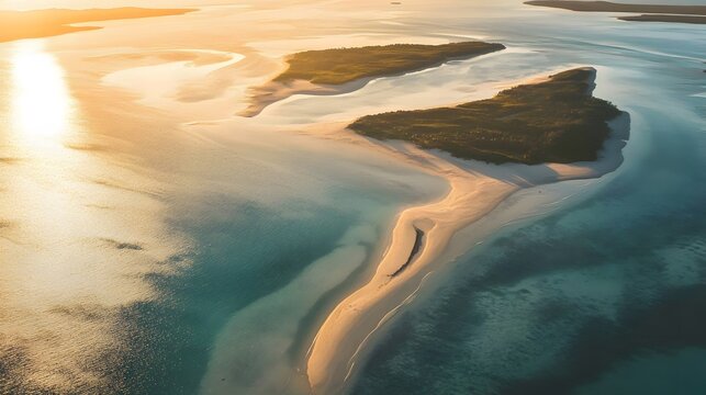 Aerial shot of the serene Balabac Islands in Palawan, with pristine beaches glowing under golden sunlight, in 4K resolution
