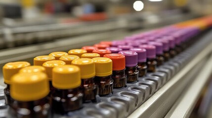 Conveyor belt with rows of amber glass bottles with colorful caps.