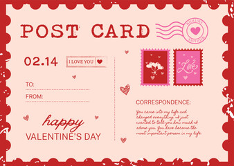Red and pink Valentine's mail, postcard, hand drawn vector illustration.