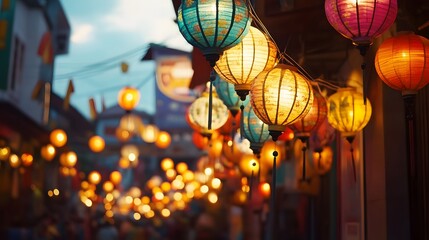 Front view of the lively Petaling Street Market in Kuala Lumpur, with vibrant lanterns glowing softly under twilight, in 4K resolution