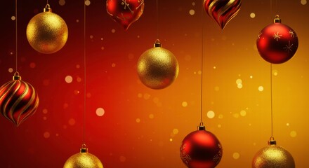 Red and Gold Christmas Ornaments: Festive Christmas baubles in red and gold hanging against a warm, blurry background, perfect for holiday cards, websites, and social media.