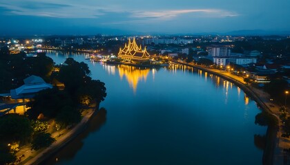 Fototapeta premium Bird eye view of the bustling Kuching Waterfront, with vibrant city lights reflecting on the calm waters of the Sarawak River, in 4K resolution