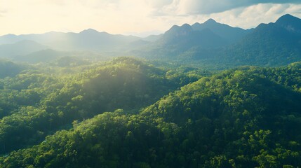 Obraz premium Aerial shot of the serene Langkawi Cable Car ride, with breathtaking views of dense green rainforests and rugged peaks, in 4K resolution