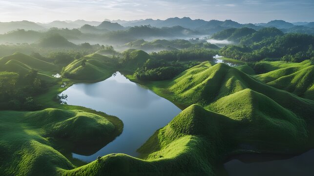 Aerial shot of the serene Perlis State Park, with lush green hills and calm waterways glowing under soft morning light, in 4K resolution