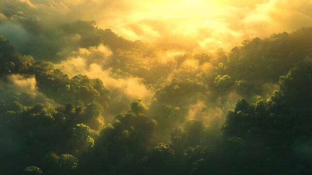 Aerial shot of the dramatic landscapes of Danum Valley Conservation Area, with dense rainforests glowing under golden sunlight, in 4K resolution