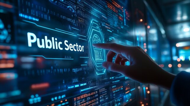 Hand touch a virtual public sector icon hologram in screen, Public Sector Bert Well Government People Business Concept	