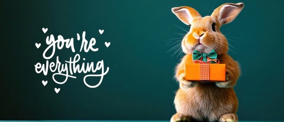 Obraz premium Adorable Bunny Holding Gift, Youre Everything Valentines Day Card
