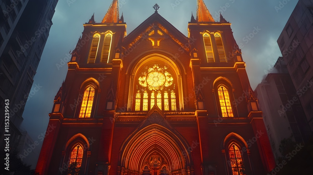 Poster front view of the notre dame cathedral of saigon, glowing under soft golden light with its red brick
